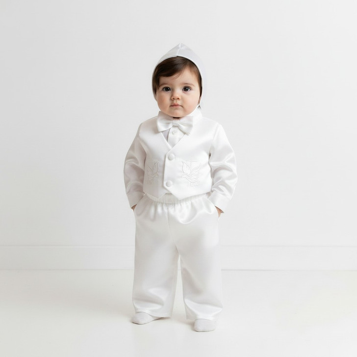 OONA Baptism Set Long Sleeve Shirt Pants Vest Hat, white baptism vest with embroidered dove and cross design, suitable for baby's baptism ceremony.