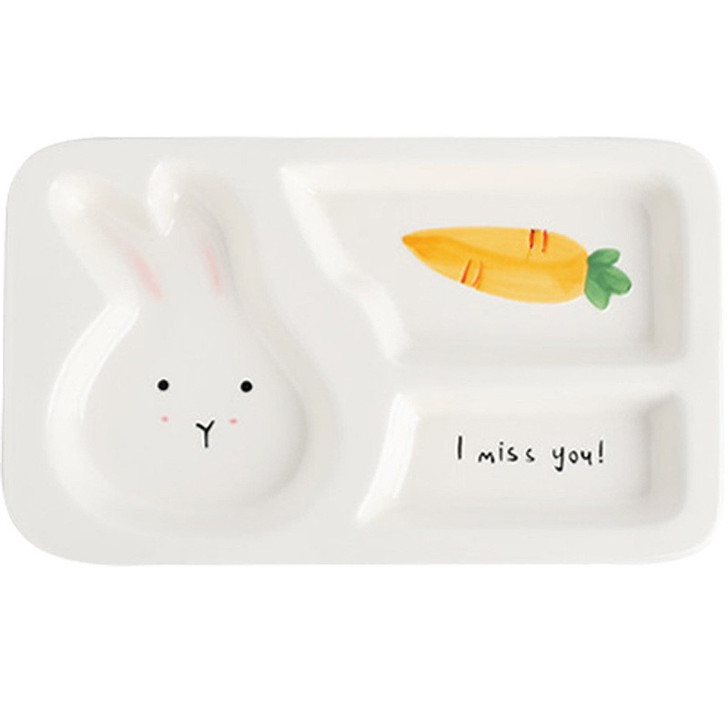 Generic White Bunny Ceramic Porcelain Plate for serving, featuring a cute bunny face design, a colorful carrot illustration, and the message 'I miss you!' on a segmented plate.