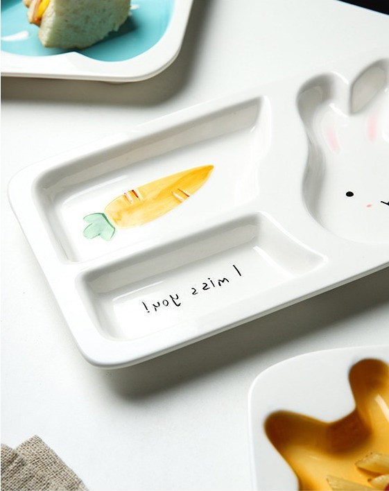 Generic White Bunny Ceramic Porcelain Plate for Kids, featuring a bunny face design and versatile compartments for snacks and meals.