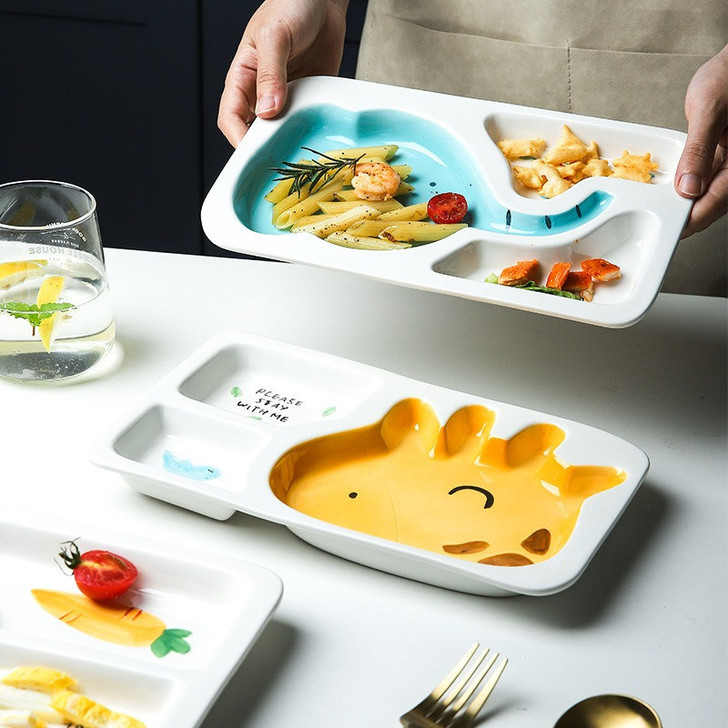Generic Yellow Giraffe Ceramic Porcelain Plate, child-friendly divided plate with giraffe design and eye, used for serving food.
