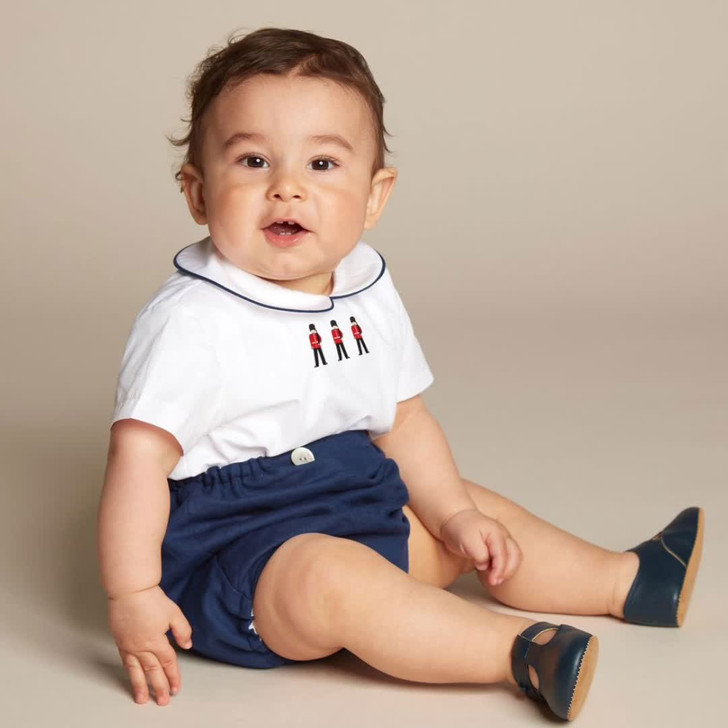 Embroidered Baby Boy Dark Blue & White Buster 2pcs Shirt & Bloomers Suit