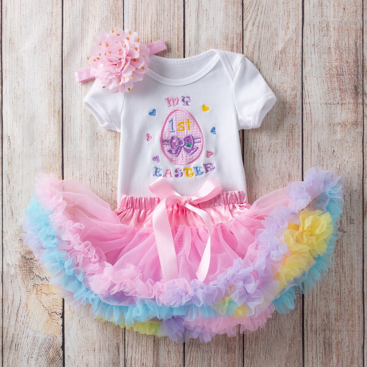 Generic First Easter Sets Tutu Skirt Short Sleeve Romper, adorable baby girl's Easter outfit with a colorful tutu skirt, embroidered egg design, and a pink bow, perfect for celebrating Easter.