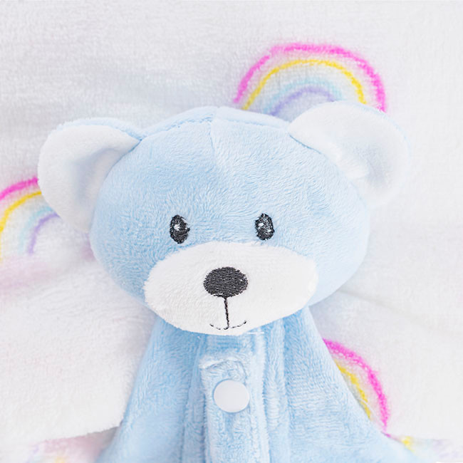 Generic Gift Box Bear Comforter and Blanket Blue, adorable plush teddy bear with soft blue fleece, cute embroidered face, and cozy blanket with rainbow accents in the background.