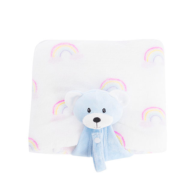 Generic Gift Box Bear Comforter And Blanket Blue, plush bear-shaped comforter with a soft blue blanket on white background with rainbow prints