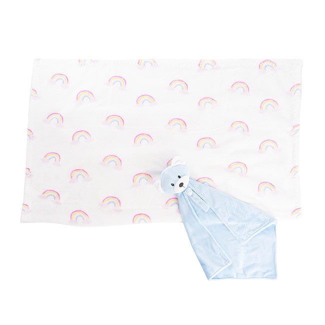 Generic Gift Box Bear Comforter And Blanket Blue, soft blue blanket with a bear head and a rainbow pattern blanket.