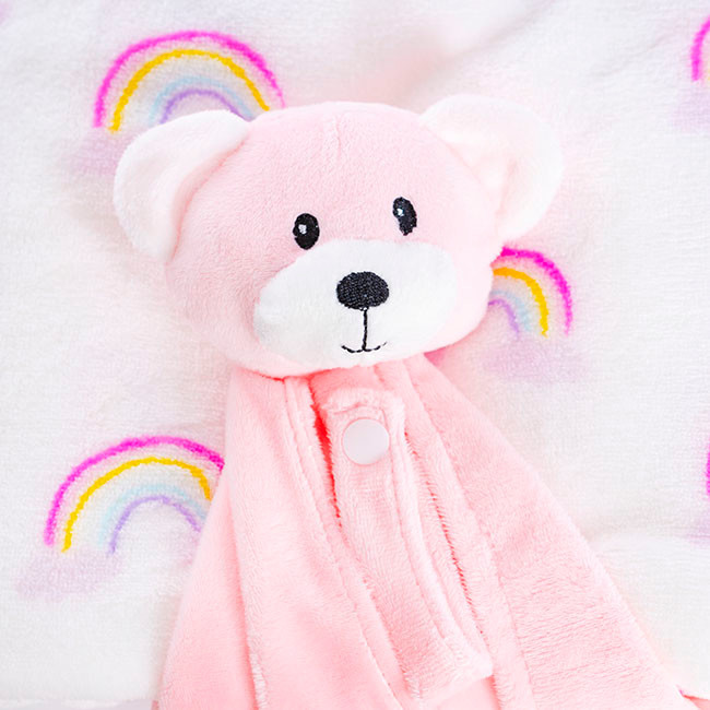 Generic Gift Box Bear Comforter And Blanket Pink, plush pink bear-shaped comforter with a white face, embroidered eyes, nose, and mouth, soft and cozy, ideal for kids' gift sets.