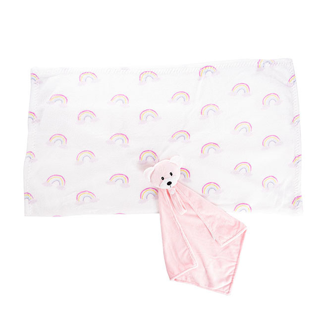 Generic Gift Box Bear Comforter And Blanket Pink, a pink plush bear comforter attached to a white blanket with rainbow patterns.