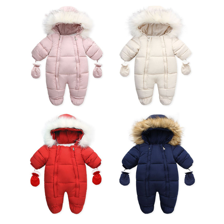 Baby Snowsuit with Footie Gloves Winter Hooded Romper with Faux Fur