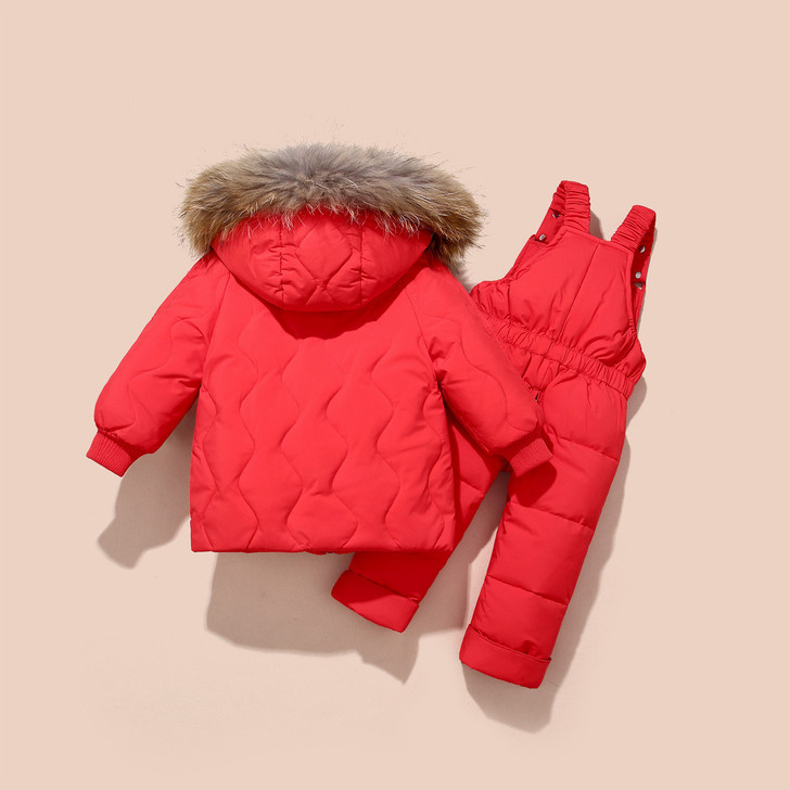 Generic Snowsuit Set Winter Down Snow Suit, red padded winter snowsuit with faux fur hood and matching insulated snow pants for children.