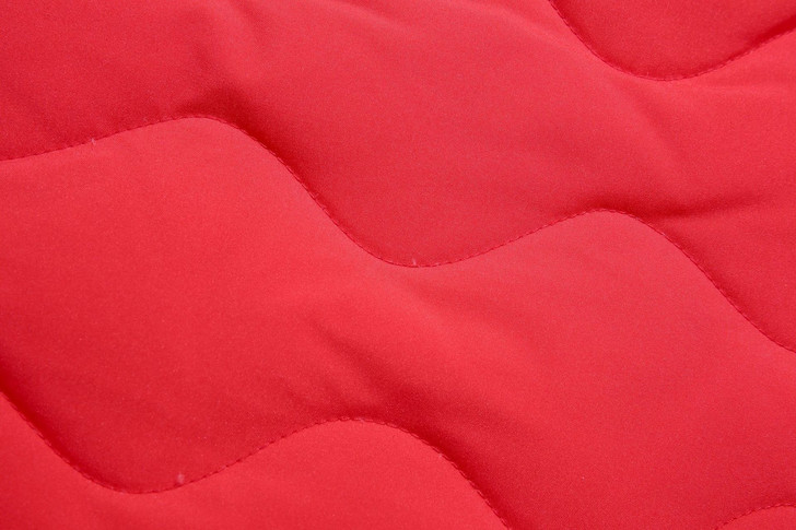 Generic Snowsuit Set Winter Down Snow Suit, close-up of red quilted fabric with wavy stitching pattern.