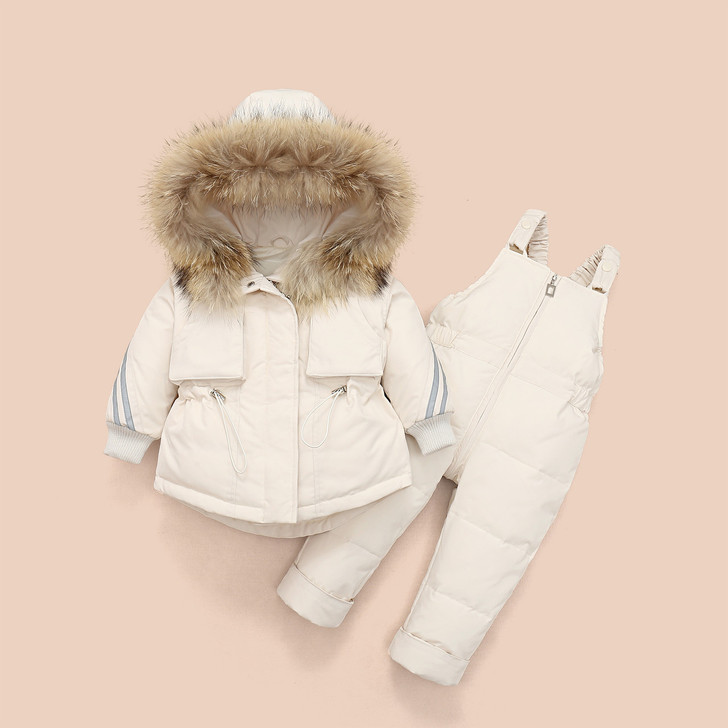 Generic Fur Collar Ski Coat and Winter Pants, beige winter clothing set for children with faux fur-lined hood and padded pants for cold weather.