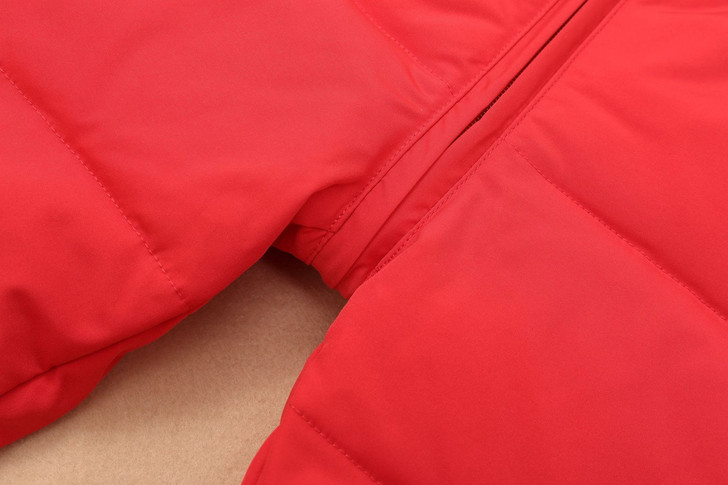 Generic Fur Collar Ski Coat and Winter Pants, close-up of bright red ski coat fabric showing stitching and texture.