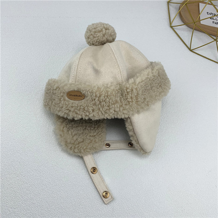 Generic Winter Hat With Brown Lamb Ear Flaps, cream-colored warm winter hat with plush fur lining and ear flaps, suitable for cold weather.
