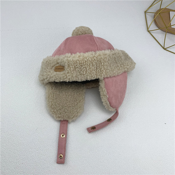 Generic Winter Hat With Brown Lamb Ear Flaps, pink winter hat with plush fleece lining and ear flaps for warmth.