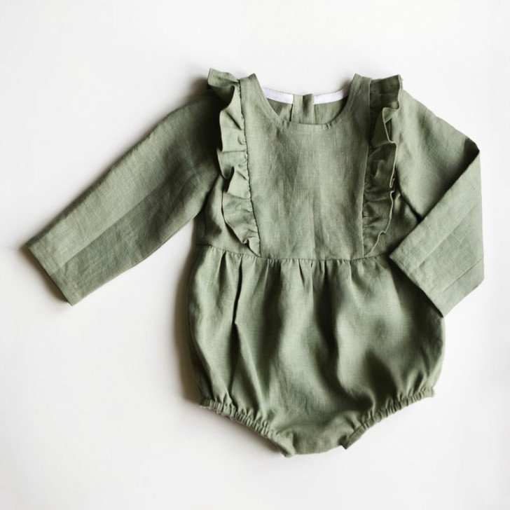 Long Sleeve Ruffled Olive Green Baby Girls Romper