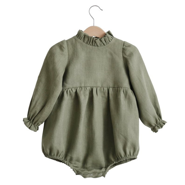 Generic Plains Ruffled Collar Long Sleeve Romper, long sleeve romper for babies with ruffled collar and gathered design in a soft, olive green fabric.