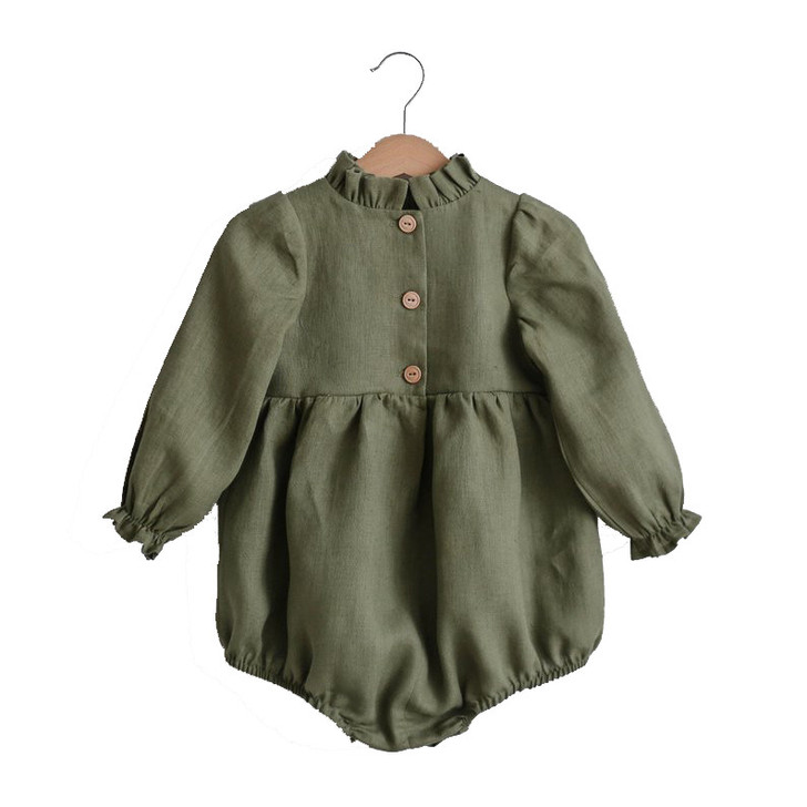 Generic Plains Ruffled Collar Long Sleeve Romper, an olive green baby romper with ruffled collar and long puffed sleeves.