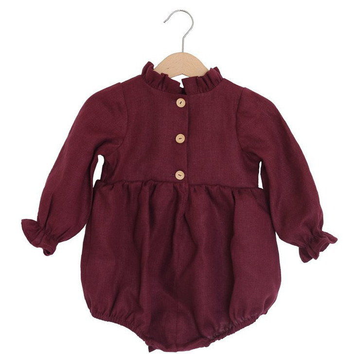 Generic Plains Ruffled Collar Long Sleeve Romper, maroon long sleeve baby romper with ruffled collar and button front.