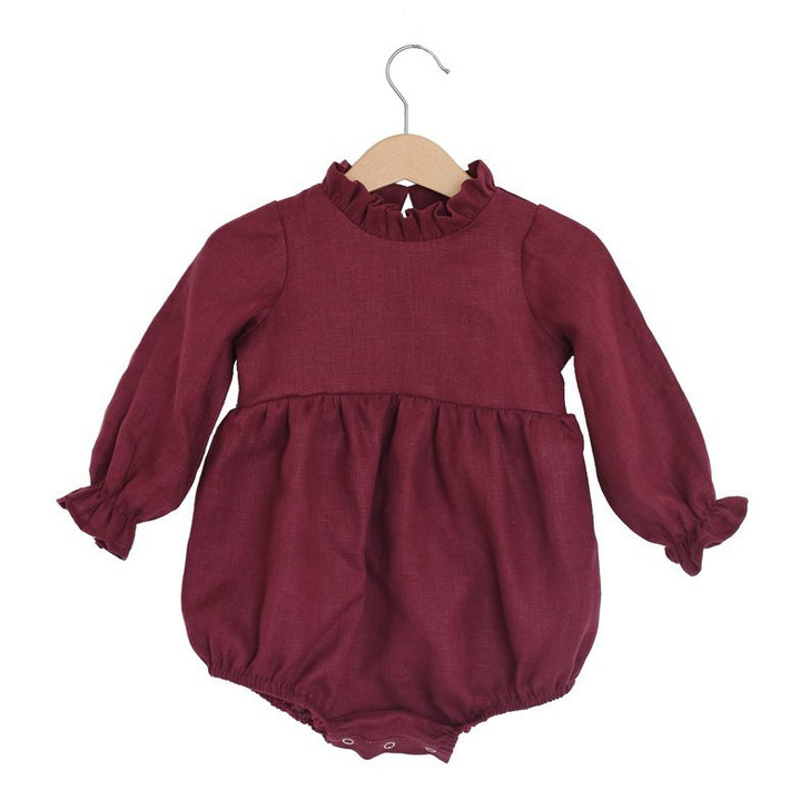 Plain Baby Girls Ruffled Collar Long Sleeve Romper