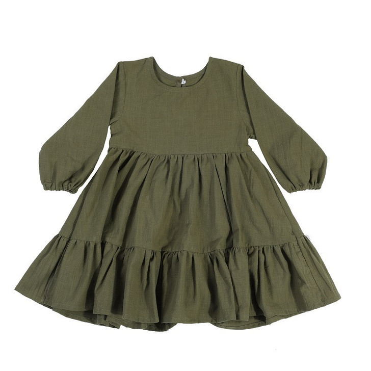 Generic Long Sleeve Linen Solid Colour Dress, a stylish olive green dress with long sleeves and tiered ruffled skirt design.
