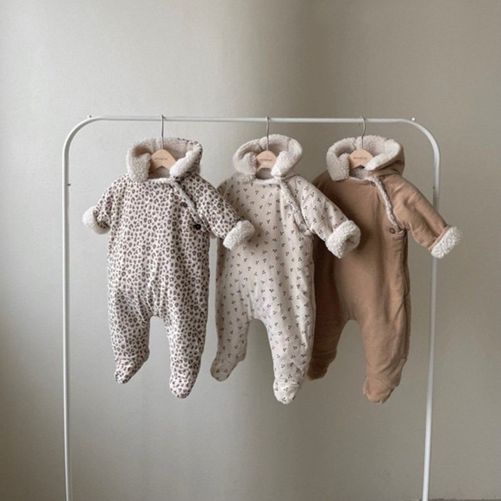 Hooded Light Brown Baby Jumpsuit Infant Autumn Winter Outfits with Footie