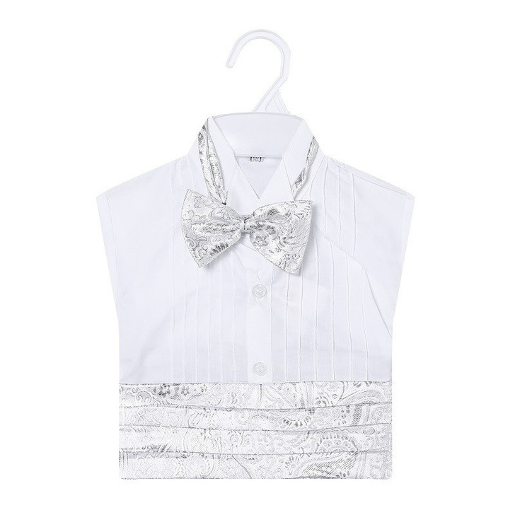 OONA White Suits Jacquard Tuxedo, elegant white formal suit with a matching jacquard bow tie and detailed fabric pattern.