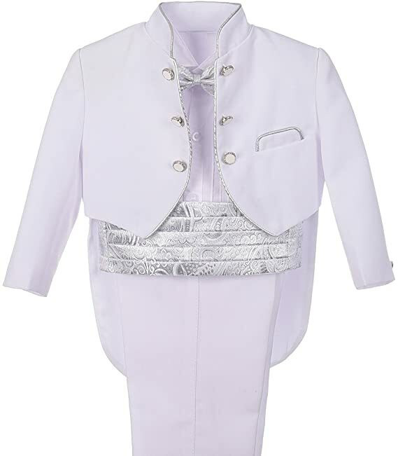 OONA White Suits Jacquard Tuxedo, a stylish white formal suit featuring a tailored jacket with metallic buttons and matching trousers.