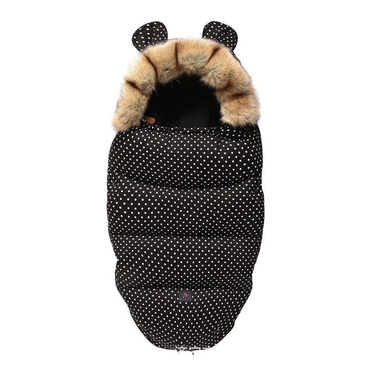 Minnie Me Stroller Bag Winter Windproof Sleeping Bag, black quilted stroller footmuff with polka dots, faux fur trim and bear ear design for baby warmth.