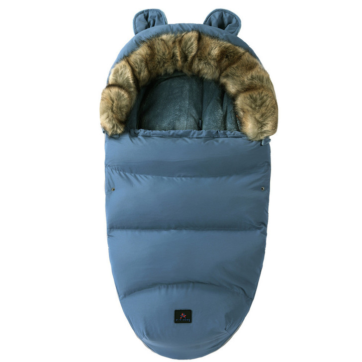 Minnie Me Stroller Bag Winter Windproof Sleeping Bag, blue stroller sleeping bag with faux fur trim and bear ears for winter protection.