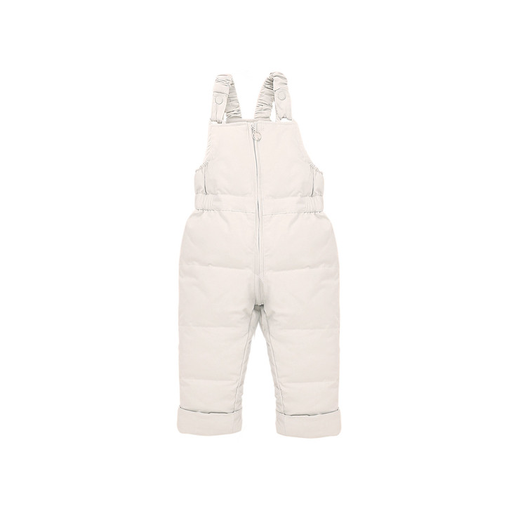 Generic Down Winter Ski Pants Waterproof Overalls, white insulated snow overalls for skiing with adjustable shoulder straps and full-length front zipper.