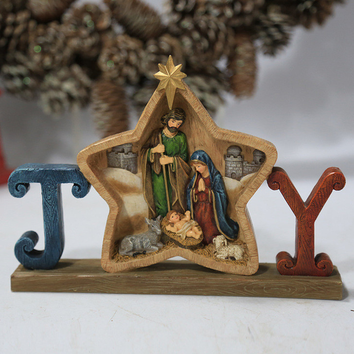 Generic Nativity Statue Miniature Figurines Resin, decorative nativity scene miniature with Baby Jesus, Mary, Joseph, and animals inside a star-shaped wooden frame with blue and red wood letters J and Y