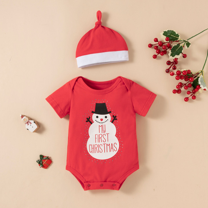 Christmas Style Short-Sleeve Snowman Pattern Jumpsuit & Santa Hat