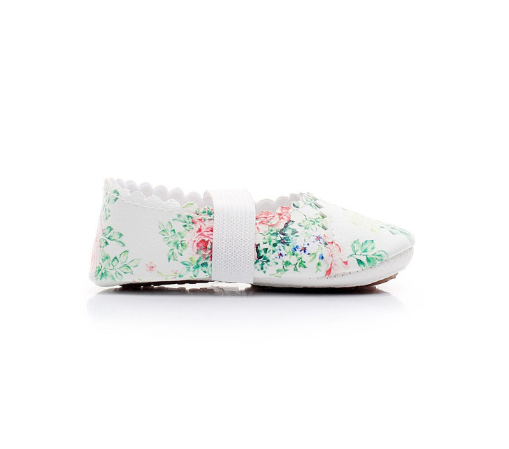 Generic Ballet Flat Soft Sole PU Leather Shoes, white ballet flat with pink and green floral print and elastic strap for comfort.