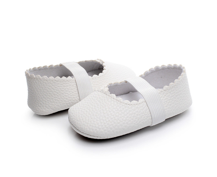 Generic Ballet Flat Soft Sole PU Leather Shoes, white ballet flats with elastic strap and textured surface for comfort and style.