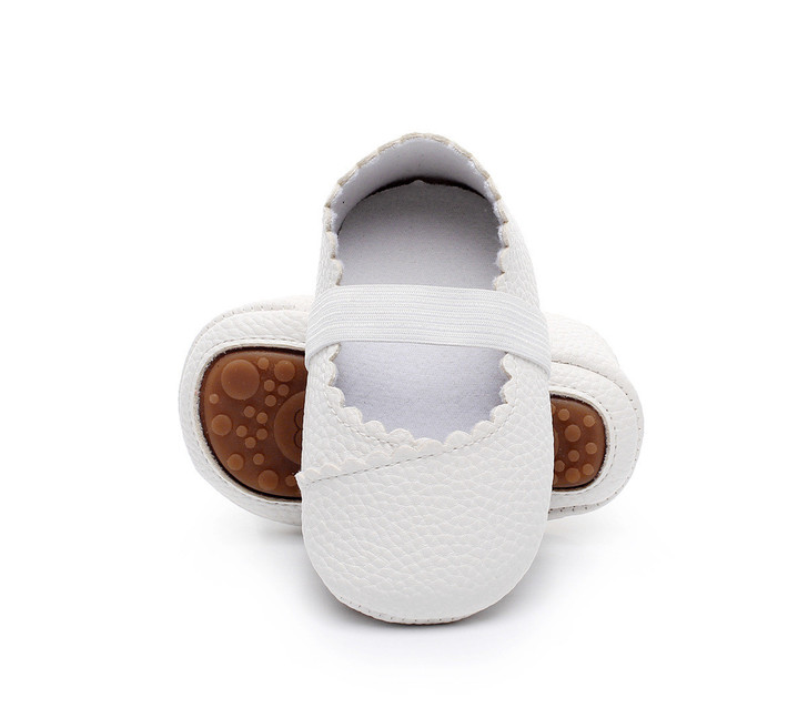 Generic Ballet Flat Soft Sole PU Leather Shoes, white baby ballet slippers with elastic strap on top and textured surface
