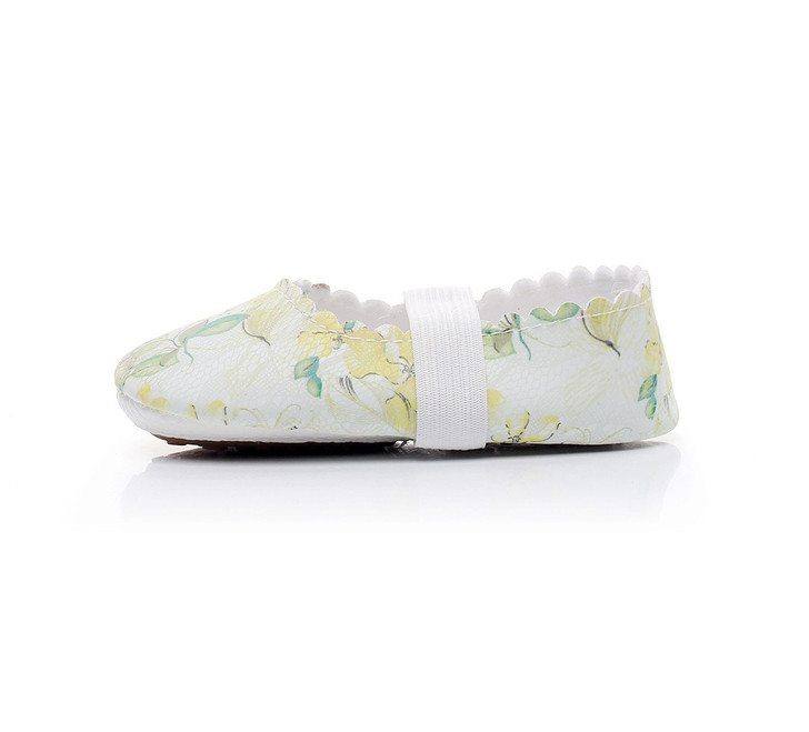 Generic Ballet Flat Soft Sole PU Leather Shoes, white ballet flats with yellow and green floral pattern and elastic strap design.