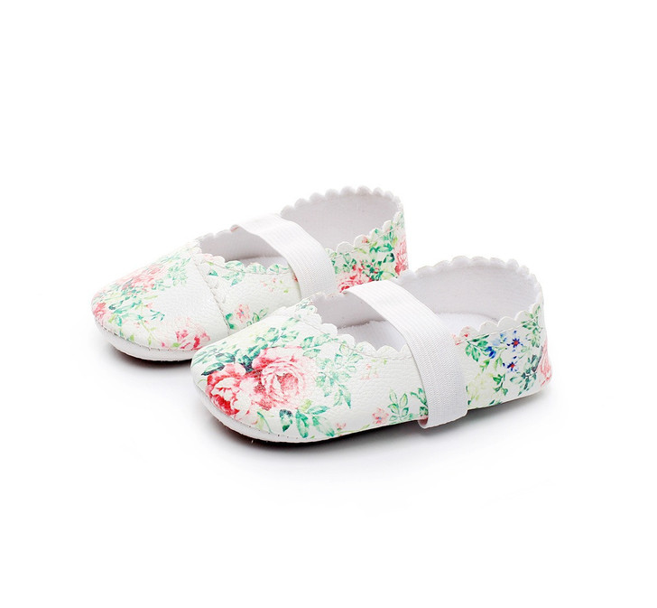 Generic Ballet Flat Soft Sole PU Leather Shoes, floral patterned baby ballet flats with white elastic strap and scalloped edges.