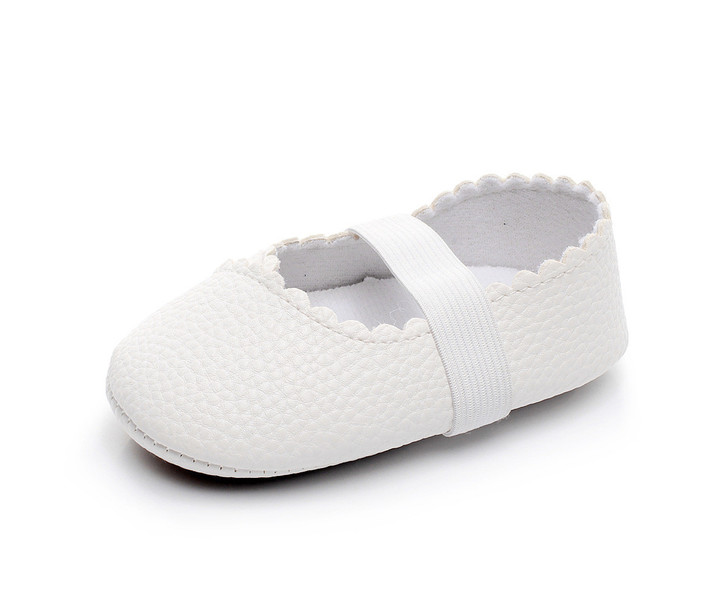 Generic Ballet Flat Soft Sole PU Leather Shoes, white ballet flat with textured surface and elastic strap for comfort.