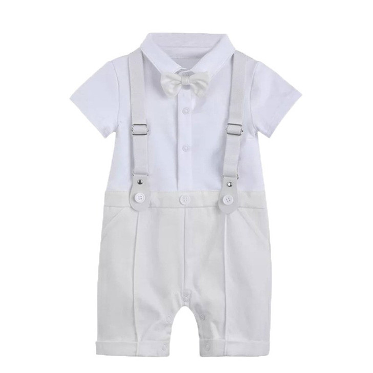 OONA White Romper Suit Boy Set Vest with Hat, baby boy outfit with a white romper, vest, bow tie, and matching hat.