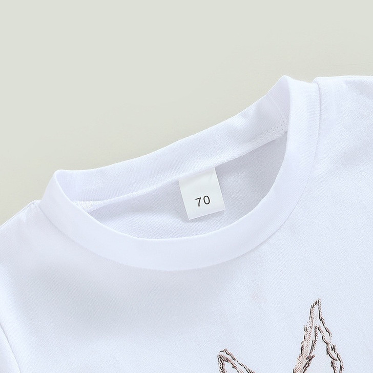 OONA 2PCS Easter Outfit Bunny Letter, white t-shirt with bunny design for children, close-up of the collar and size tag.