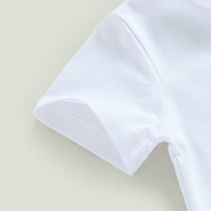 OONA 2PCS Easter Outfit Bunny Letter, close-up of white short sleeve fabric with neat stitching.