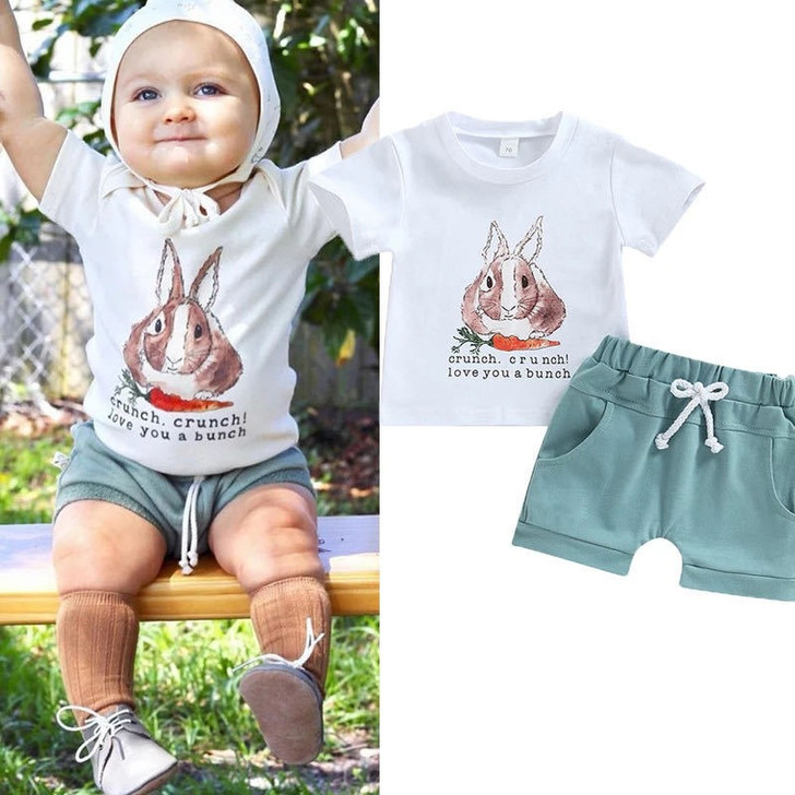 2PCS Baby Boy Easter Outfit Bunny Letter Print Short Sleeve T-Shirt Top Solid Color Shorts Set Baby Summer Clothes