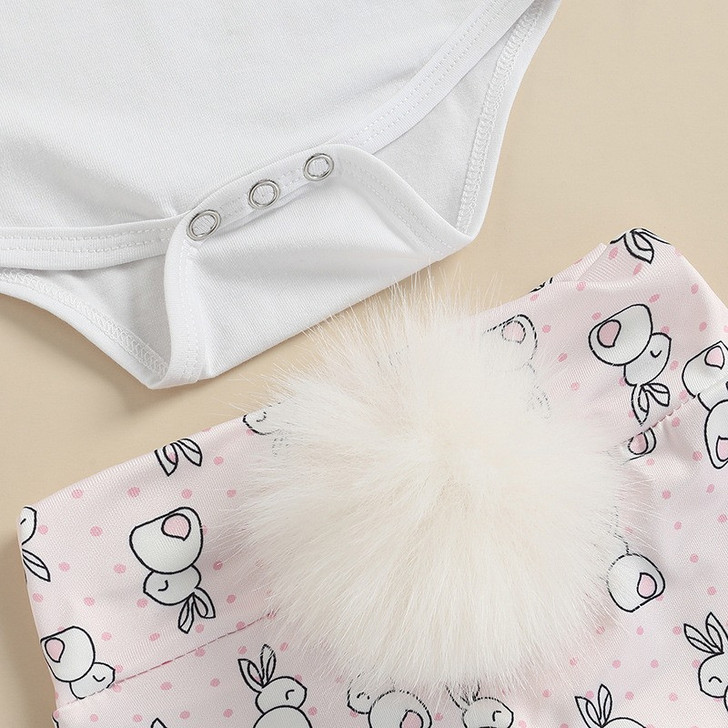 OONA 3Pcs Outfits Bunny Tail Shorts Headband, image of a white top with snap buttons and a pink shorts with bunny print and a fluffy white bunny tail.