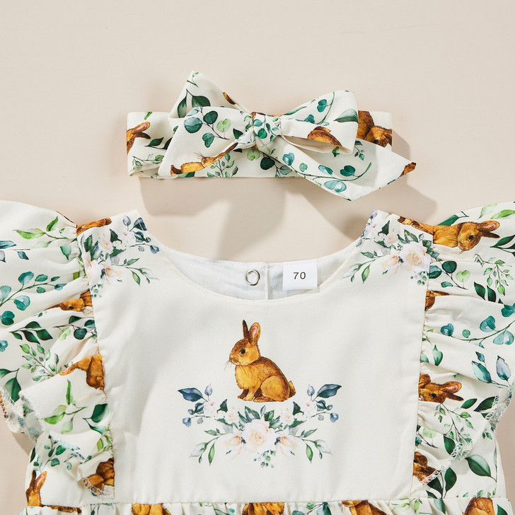 OONA Easter Romper Bodysuit Bunny Headbands Set, baby girl's outfit featuring a white bodysuit with a bunny and floral print and matching bunny headbands.