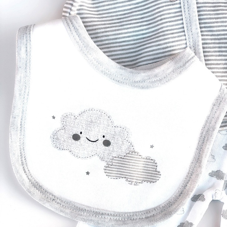 Generic Cloud Layette Set 10 Piece, baby bib with a cute smiling cloud design and striped clothing inside.