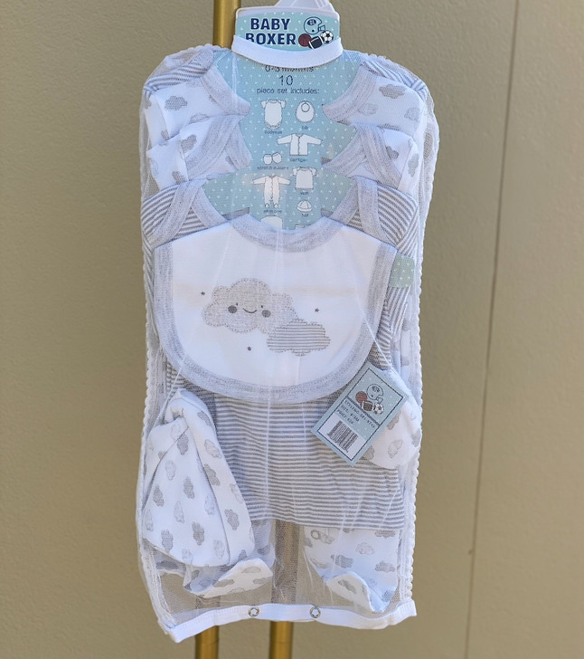 Generic Cloud Layette Set 10 Piece, baby clothing and accessories in a clear packaging with cloud and star designs.