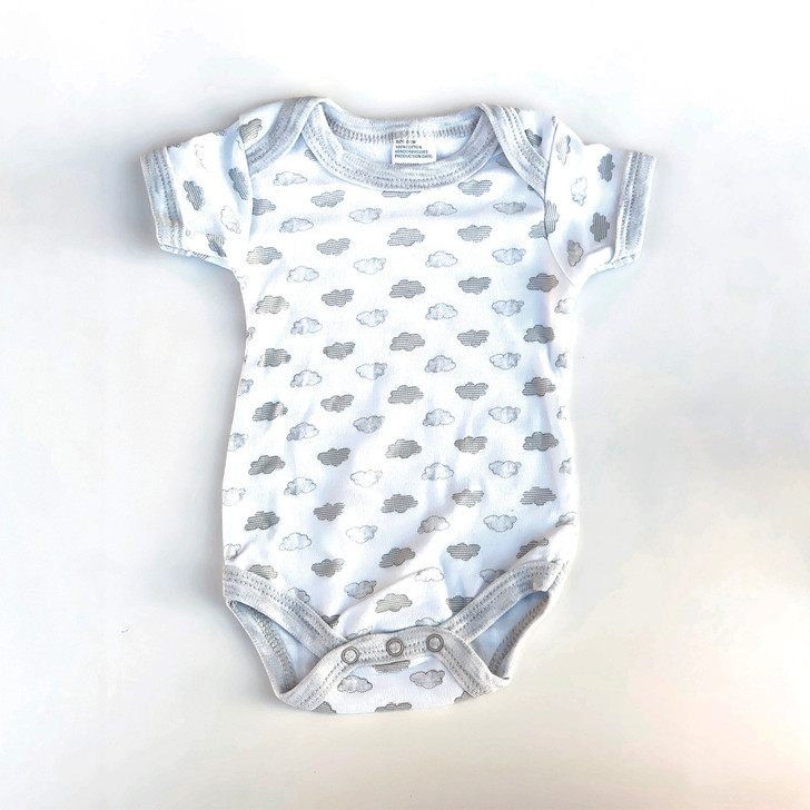 Generic Cloud Layette Set 10 Piece, baby onesie with cloud pattern in white and gray colors.