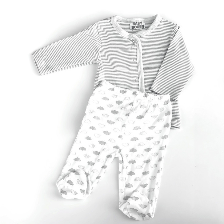 Generic Cloud Layette Set 10 Piece, baby clothing set including a striped long-sleeve top and cloud pattern footed pajamas.