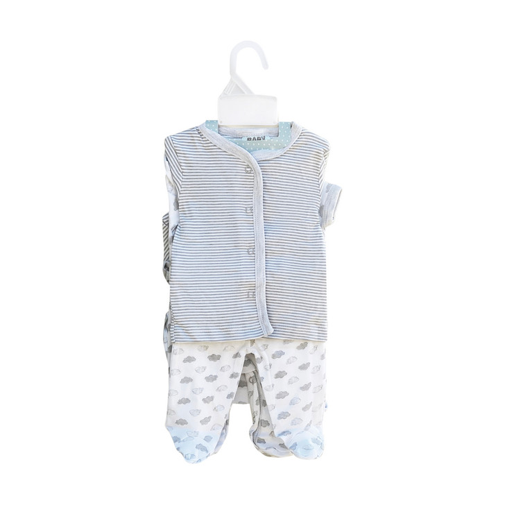 Generic Cloud Layette Set 10 Piece, baby clothing and accessories displayed on a hanger including a striped sleeveless top and cloud patterned pants.