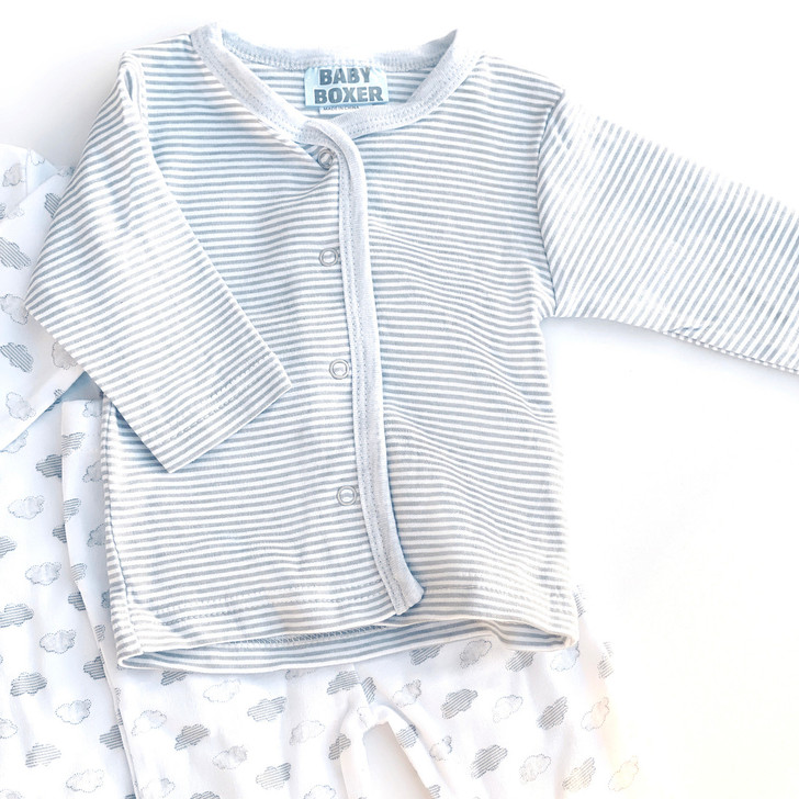 Generic Cloud Layette Set 10 Piece, baby clothing set with striped long sleeve top and cloud print footed pajamas for infants.